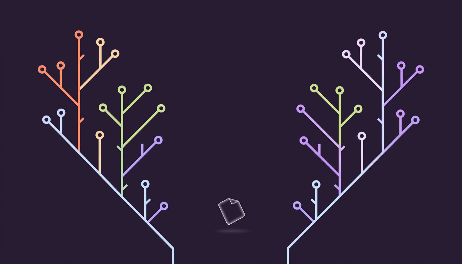 Two branching git-style trees in orange, green, blue and violet on a dark background, with a single loose file falling into the gap between them.