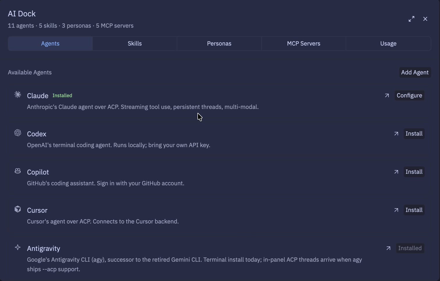 AI Dock — Agents: Claude, Codex, Copilot, Cursor, Antigravity