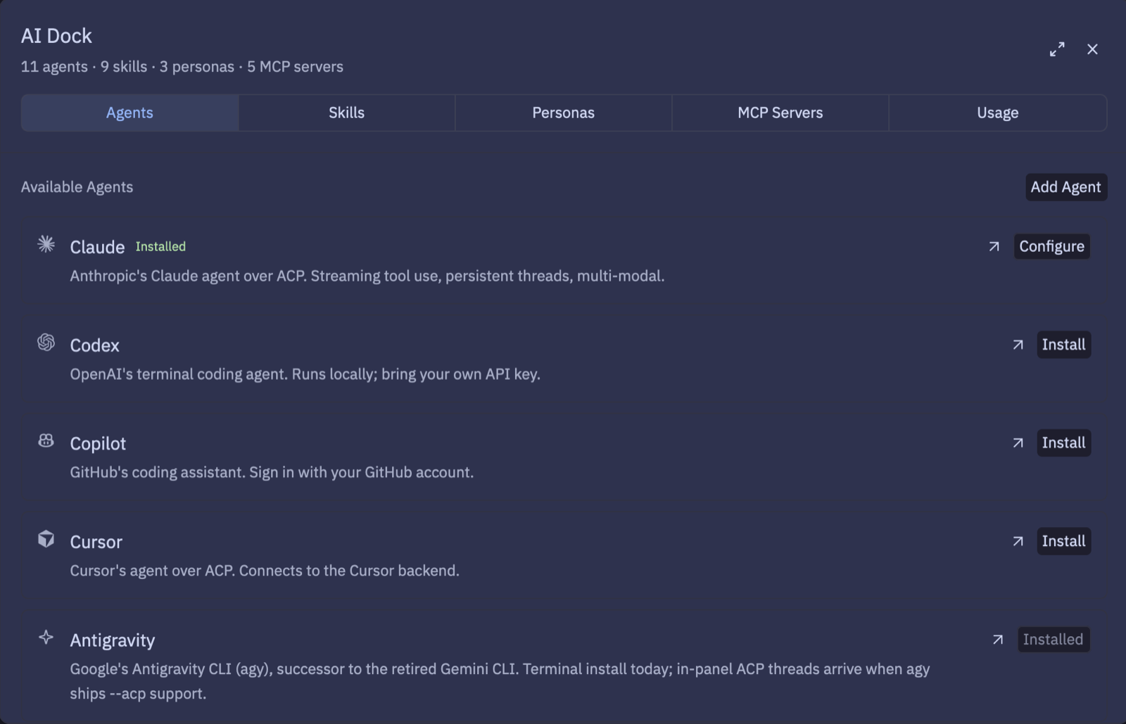 AI Dock — Agents: Claude, Codex, Copilot, Cursor, Antigravity