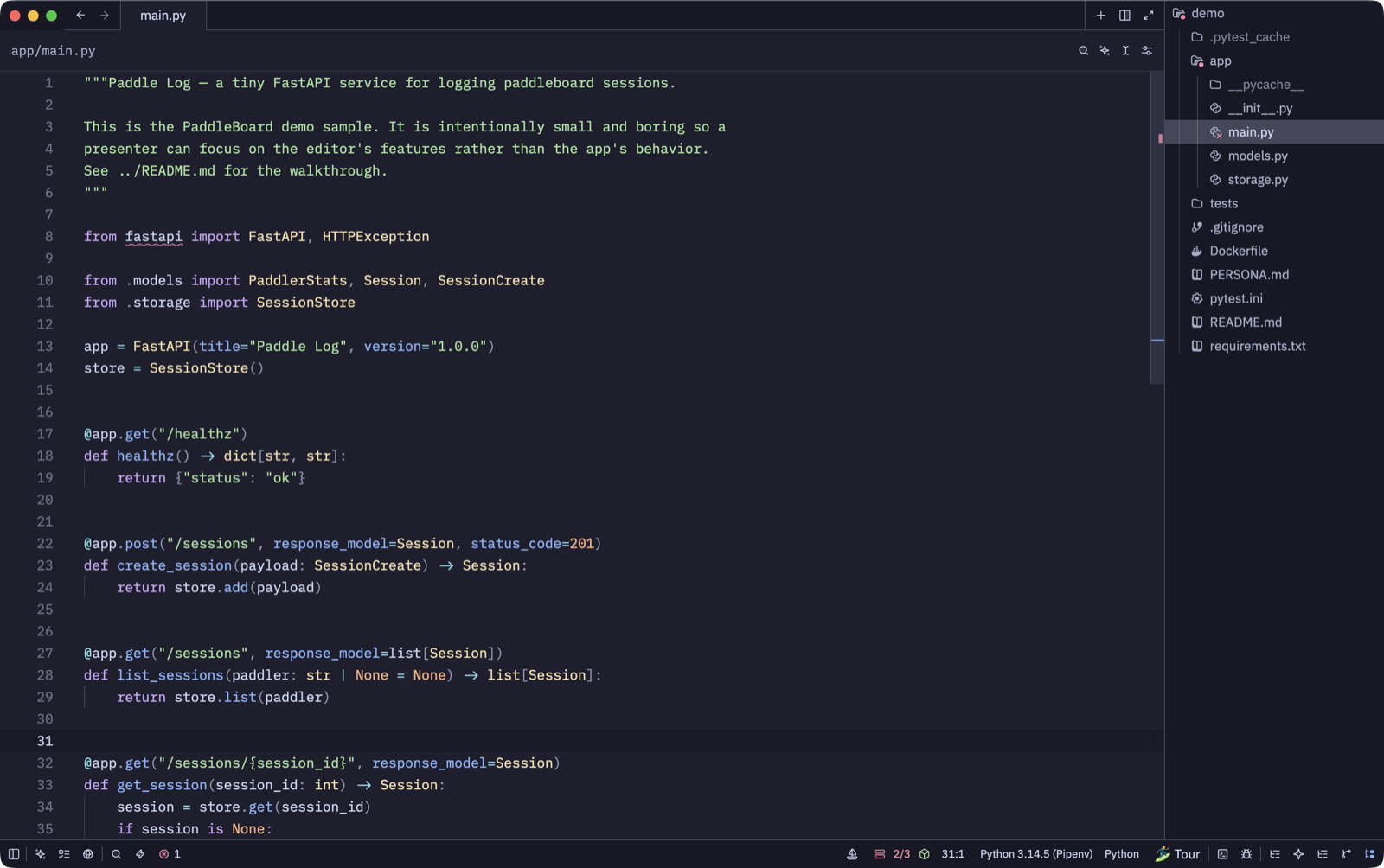 PaddleBoard editing a FastAPI project in the PaddleBoard Dark theme