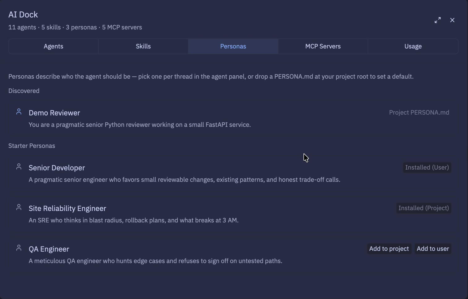 AI Dock — Personas: discovered from the repo, plus a starter library