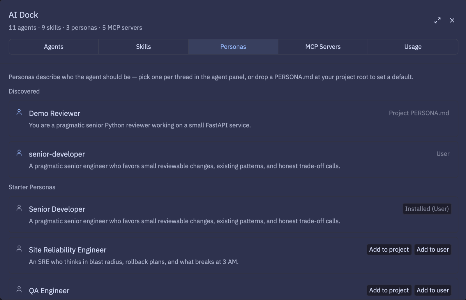 AI Dock — Personas: discovered from the repo, plus a starter library