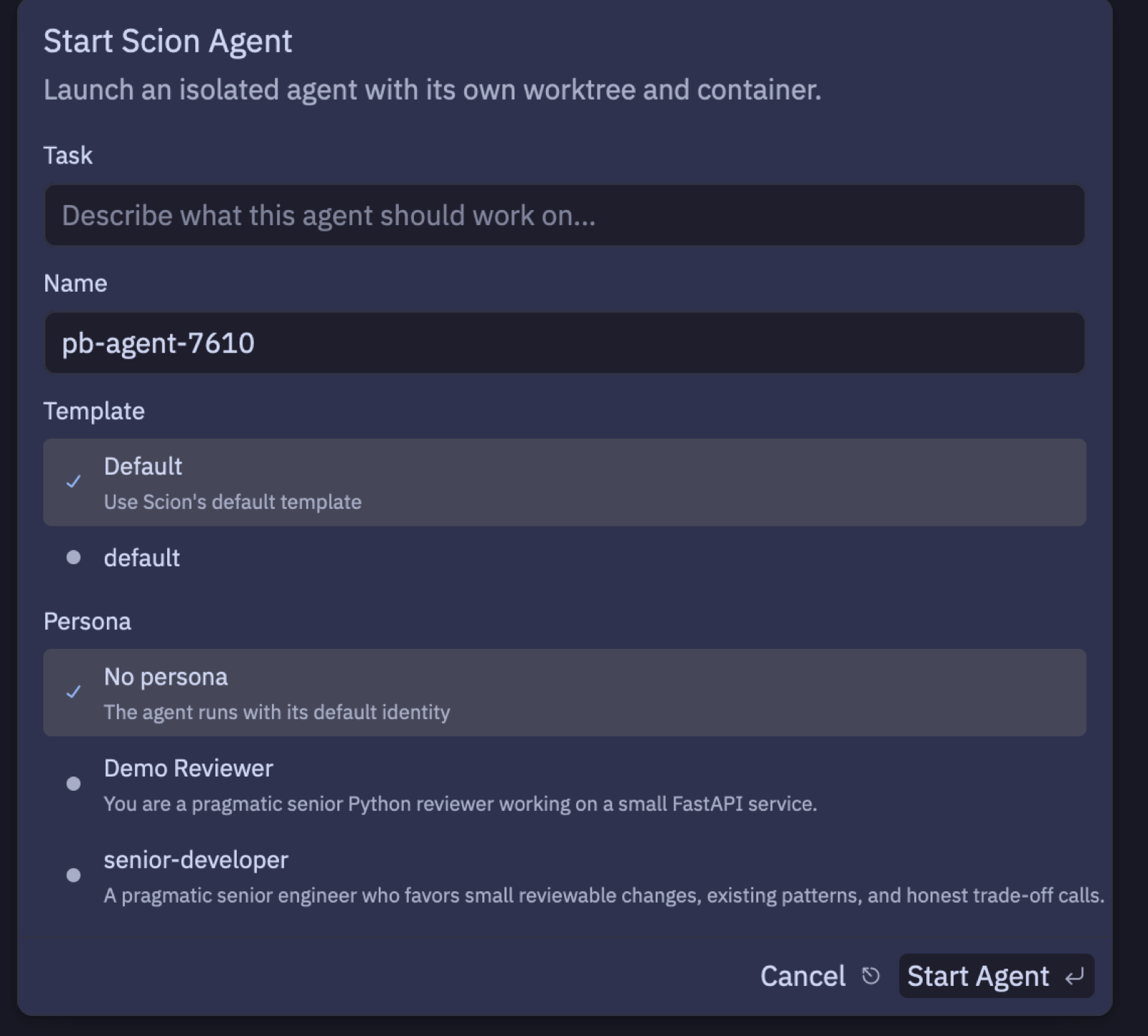 Start Scion Agent — task, template, persona