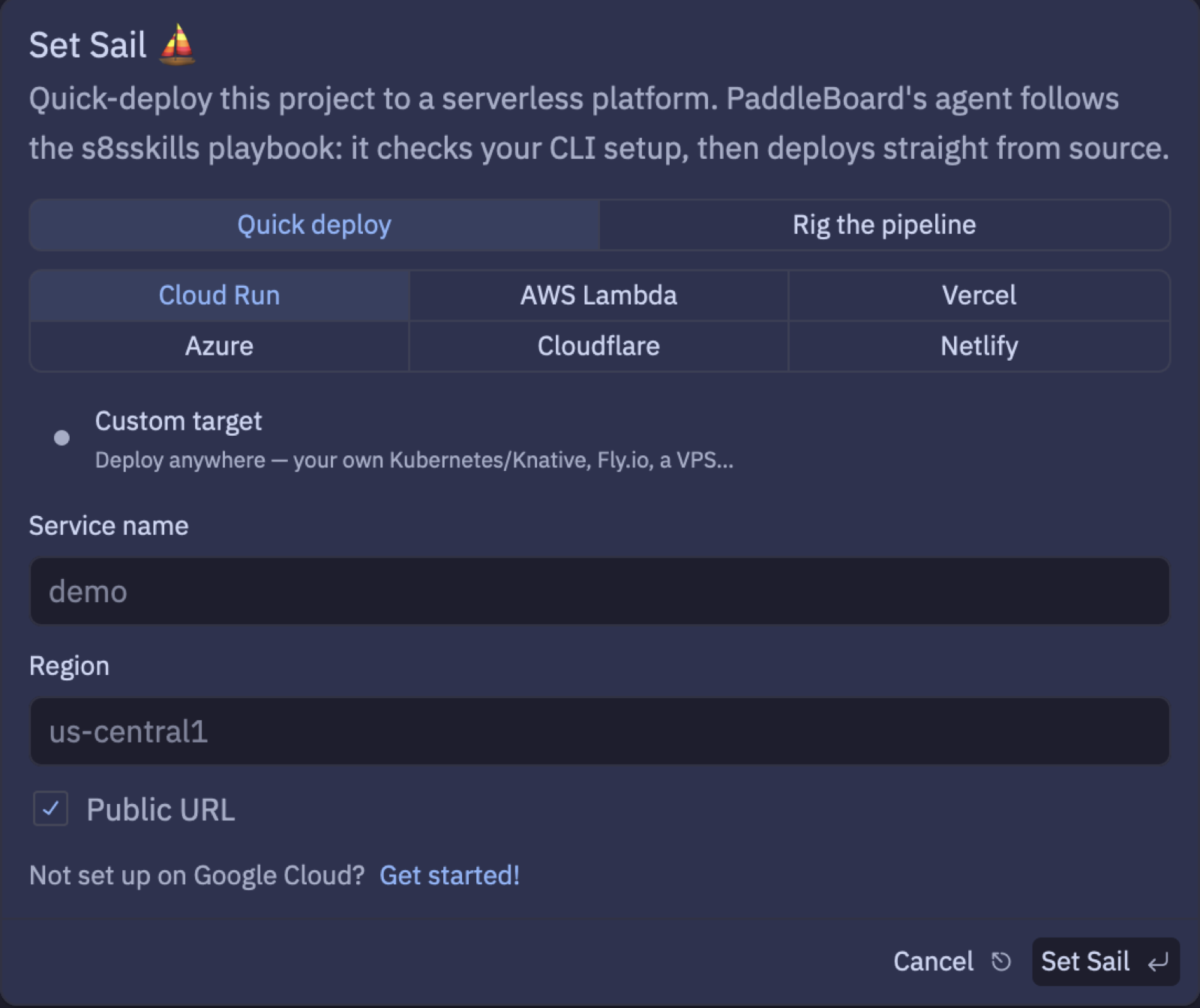 Set Sail — six platforms, quick deploy or a full pipeline